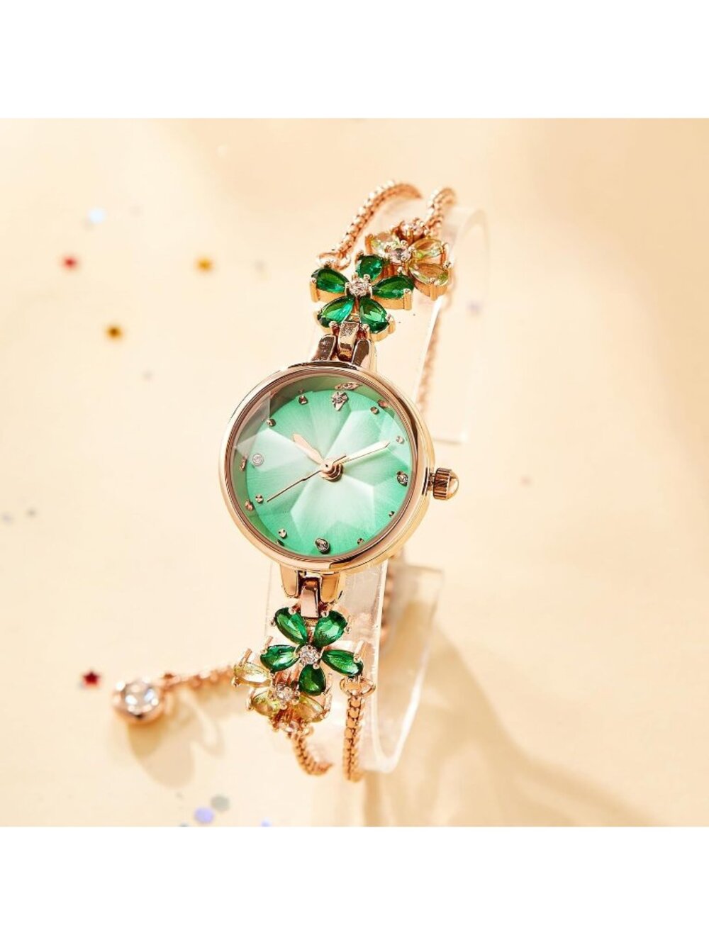 Women's Green Gold Bracelet Strap with Diamonds Waterproof Quartz Crystals Watch - Picture 6 of 6